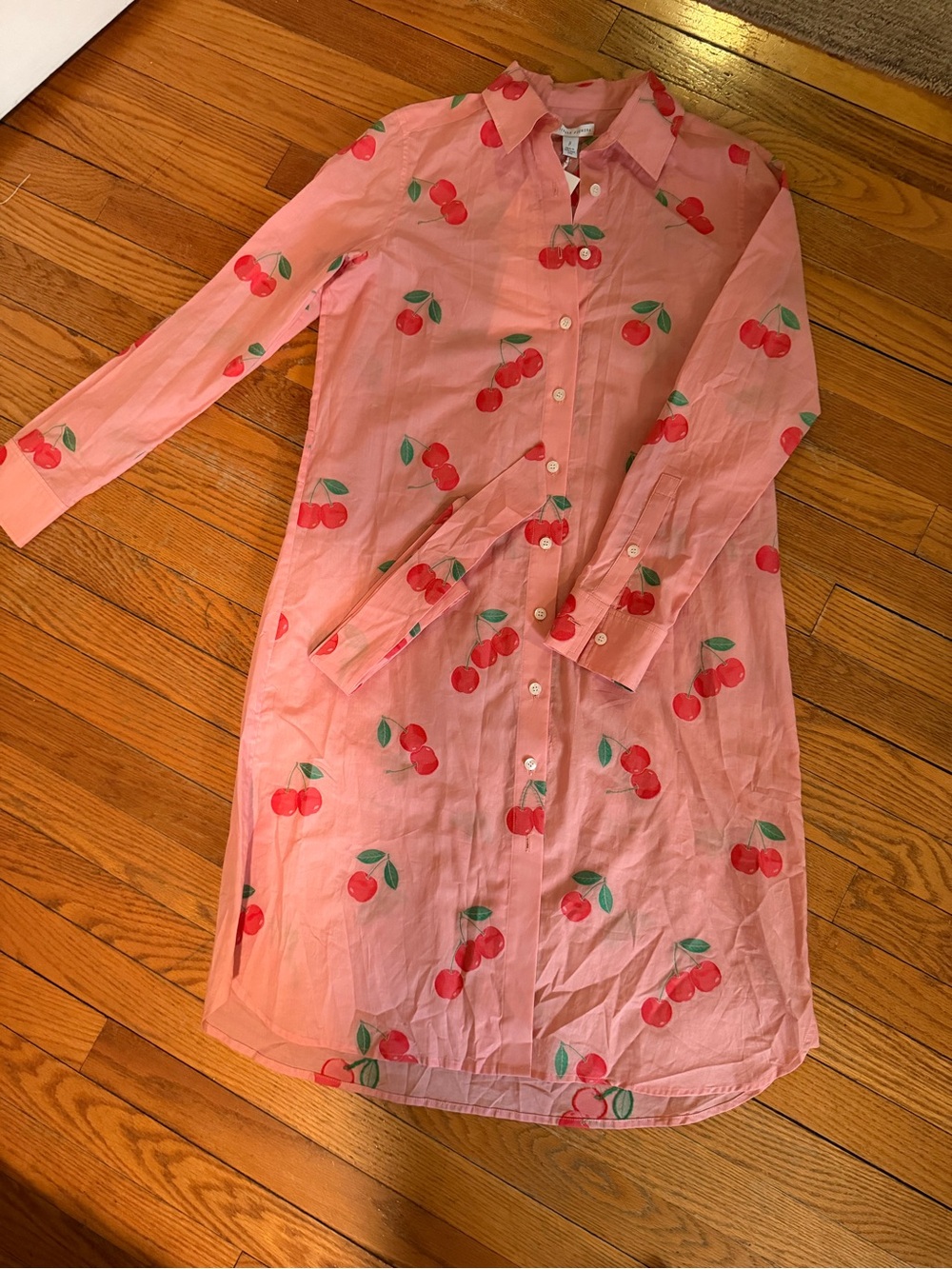 Danielle Fichera Pink Button-Up Shirt dress with Red Cherry Print